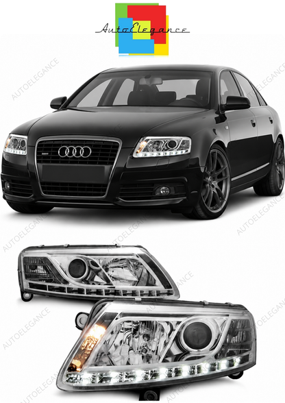 💕 Fari Anteriori Adatto per Audi A6 C6 2004-2008 True DRL Cromato LED 💕