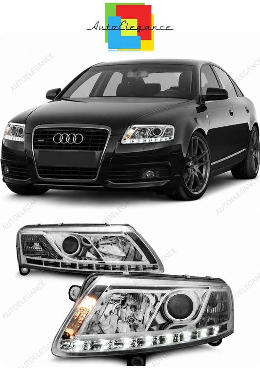💕 Fari Anteriori Adatto per Audi A6 C6 2004-2008 True DRL Cromato LED 💕