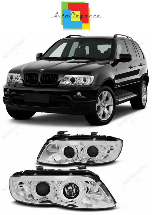 💕 Fari Anteriori Adatto per BMW X5 E53 03-06 Xenon Angel Eyes Cromati 💕