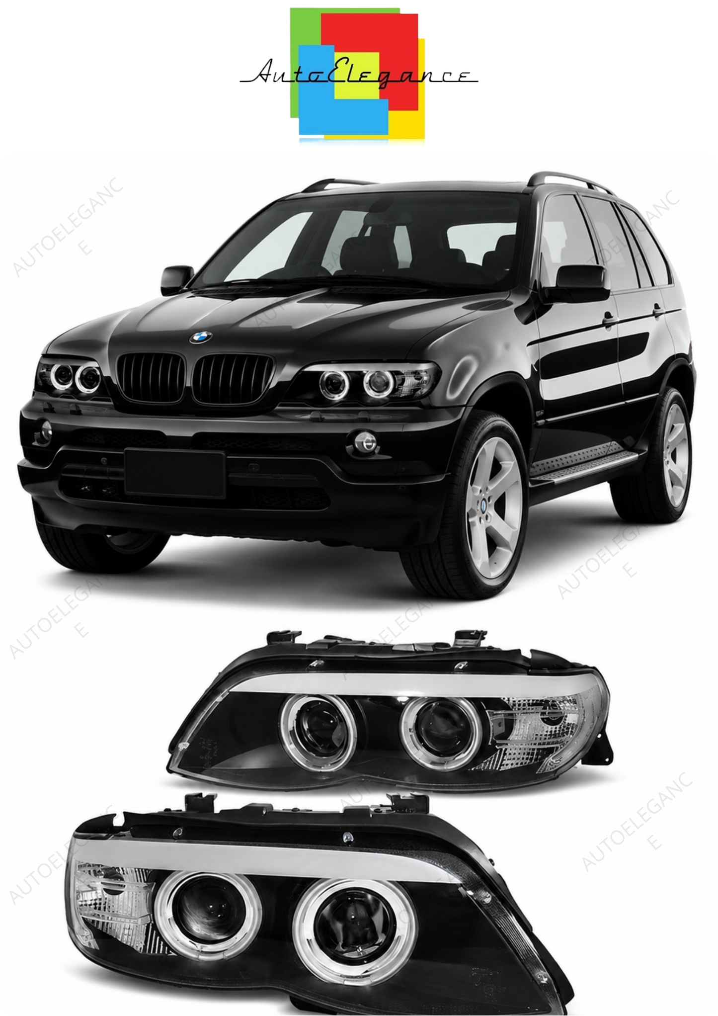 💕 Fari Anteriori Adatto per BMW X5 E53 03-06 Xenon CCFL Angel Eyes Neri 💕