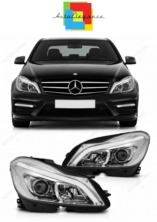💕 Fari Anteriori Adatto per MERCEDES W204 11-14 Tube LED DRL Cromati 💕