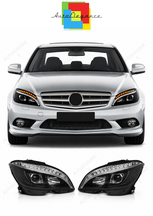 💕 Fari Anteriori Adatto per MERCEDES W204 07-10 Tube Light LED Dinamici Neri 💕