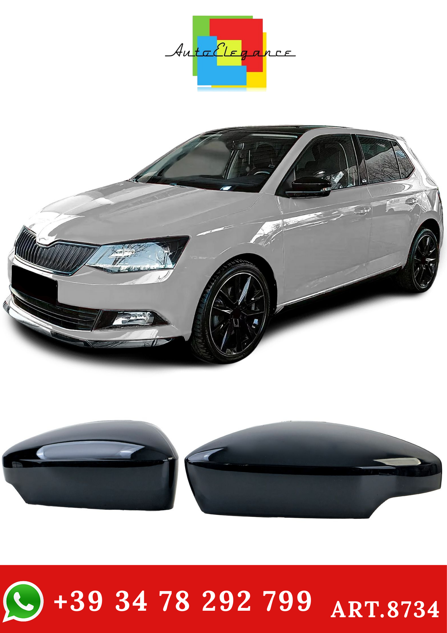 💫ART.8734 Calotte Specchio Nero Lucido per Skoda Fabia NJ (2014–2022)💫