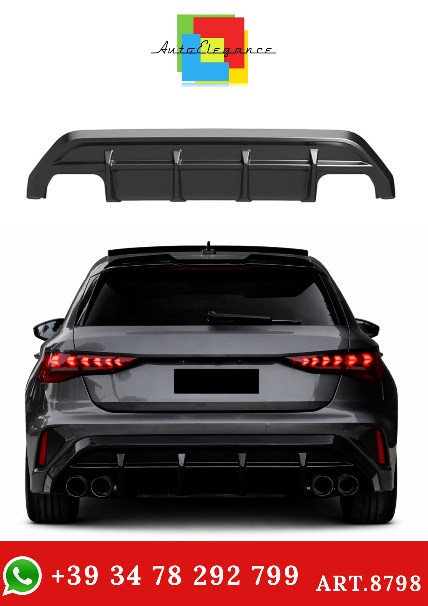 💫ART.8798 Diffusore Posteriore Nero Lucido per Audi A3 (8Y) S-Line/S3 Facelift 2025+💫
