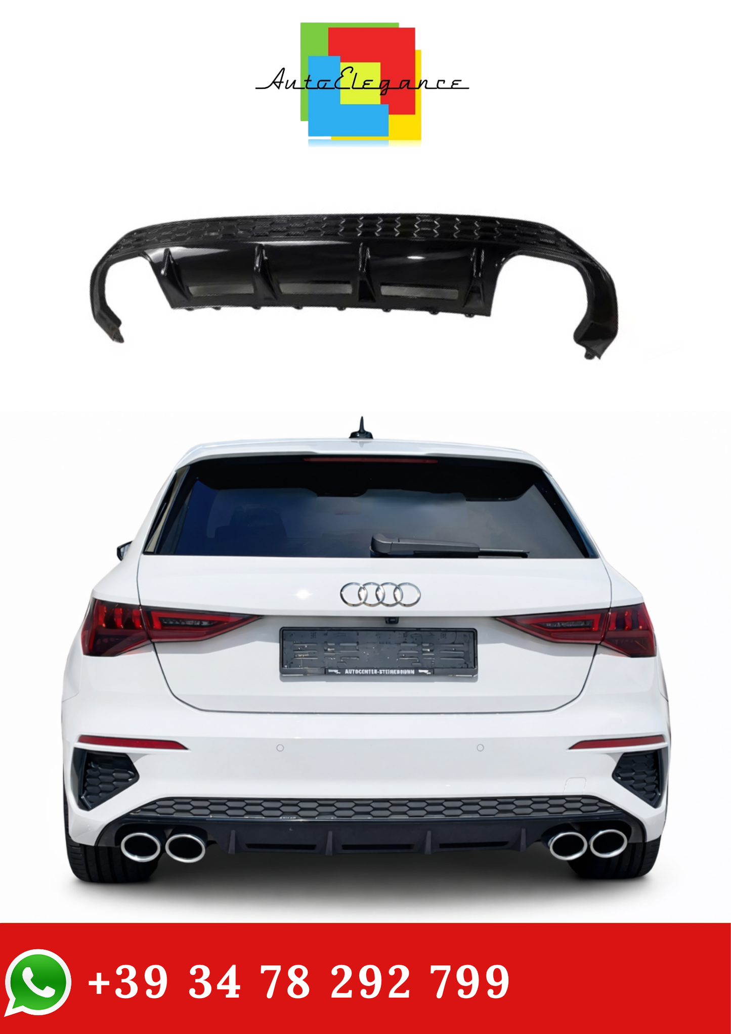 💫Diffusore posteriore Nero Lucido per Audi S3 e A3 S-Line 8Y Sportback 2020-2023💫