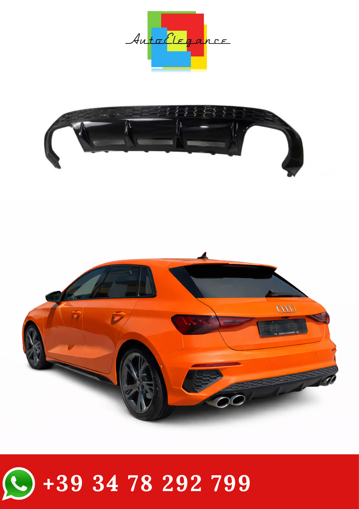 💫Diffusore posteriore Nero Lucido per Audi S3 e A3 S-Line 8Y Sportback 2020-2023💫