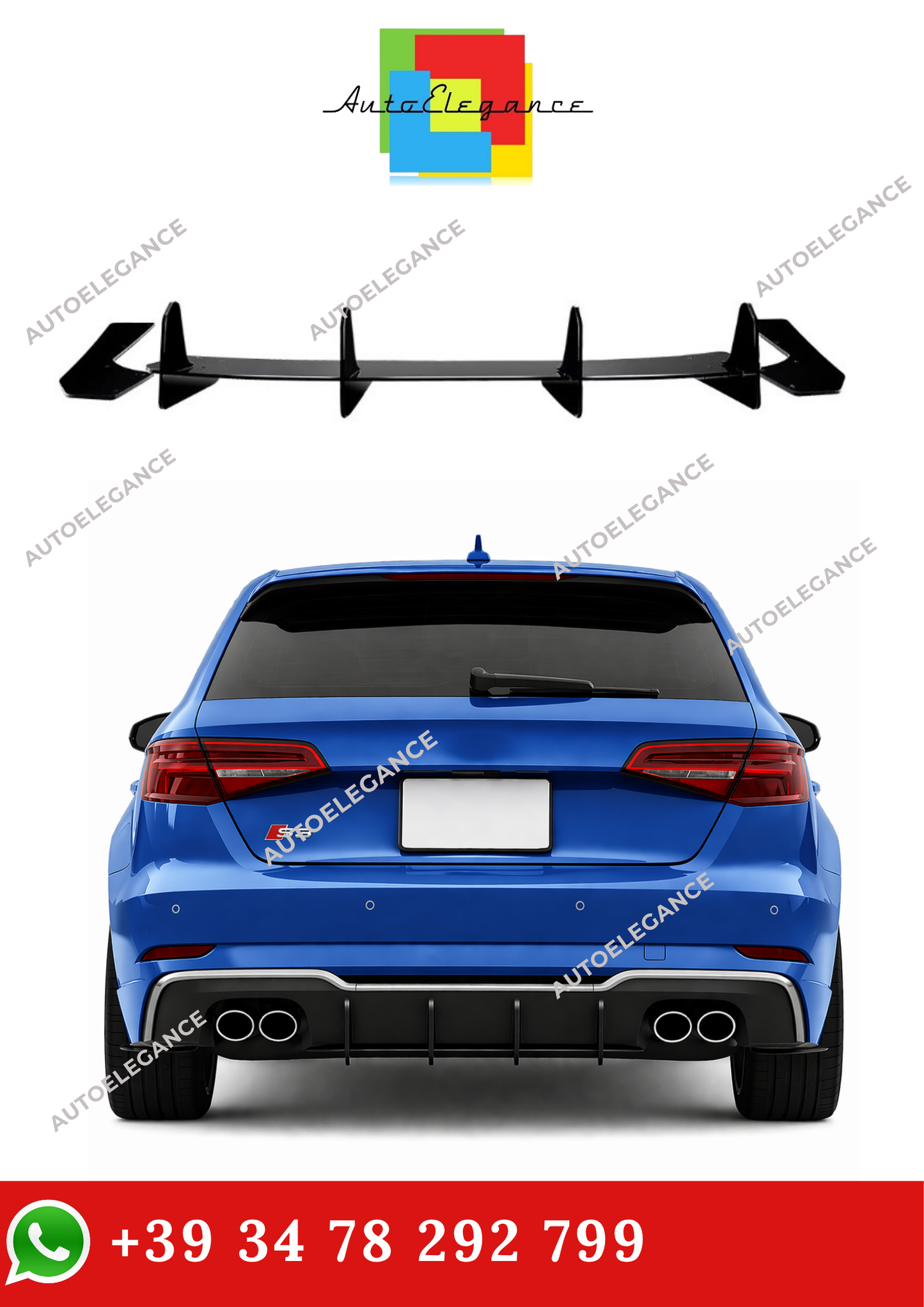 💫Diffusore Posteriore Nero lucido Per Audi S3 8V Sportback 2017-2020💫