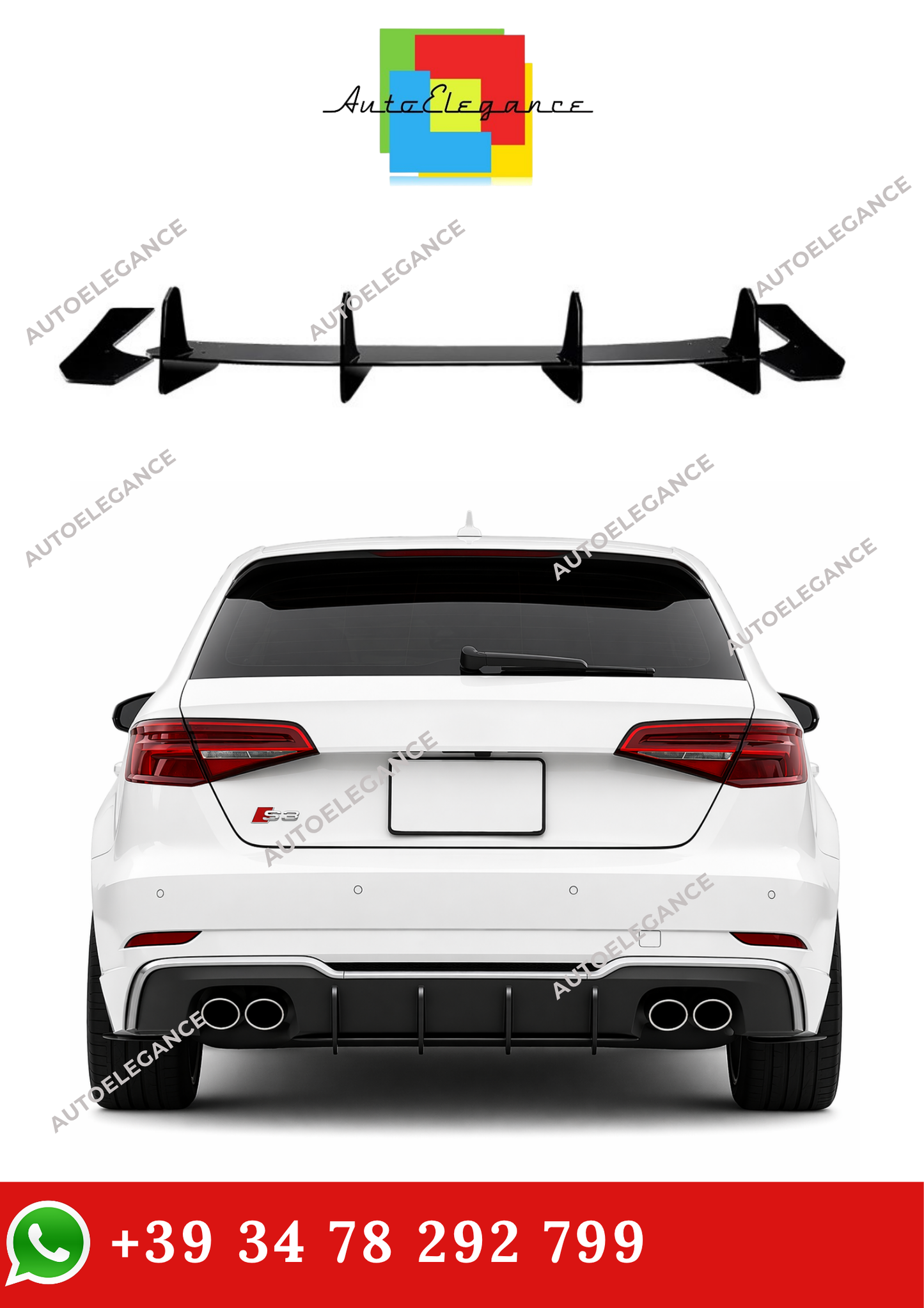 💫Diffusore Posteriore Nero lucido Per Audi S3 8V Sportback 2017-2020💫