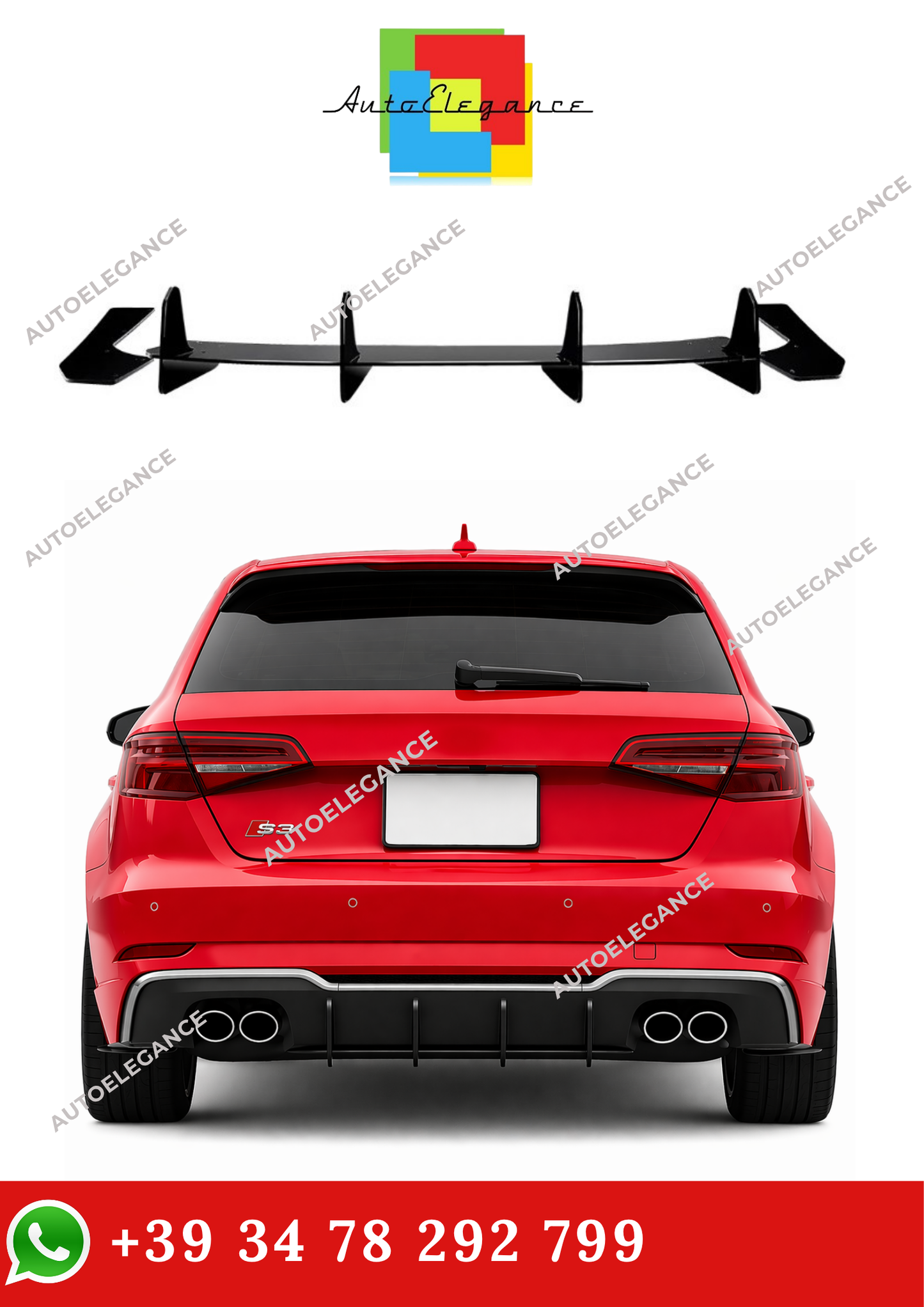 💫Diffusore Posteriore Nero lucido Per Audi S3 8V Sportback 2017-2020💫