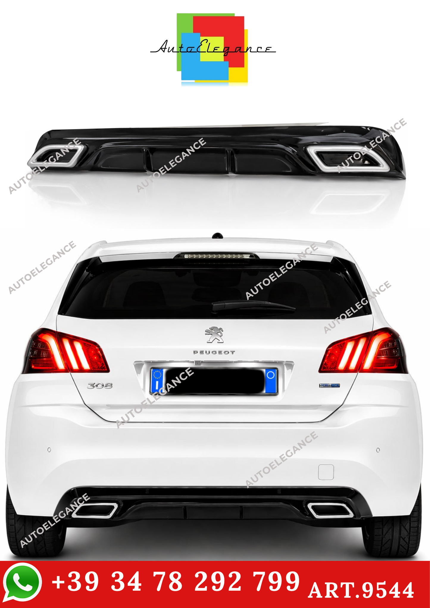 💫ART.9544 DIFFUSORE PEUGEOT 308 II 2013-2021 NERO LUCIDO TERMINALI OVALI💫