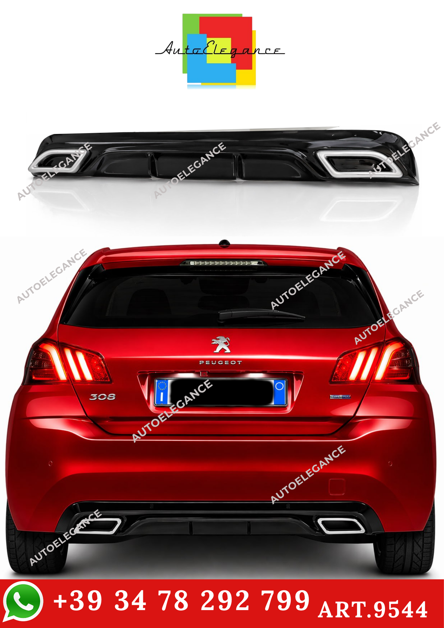 💫ART.9544 DIFFUSORE PEUGEOT 308 II 2013-2021 NERO LUCIDO TERMINALI OVALI💫