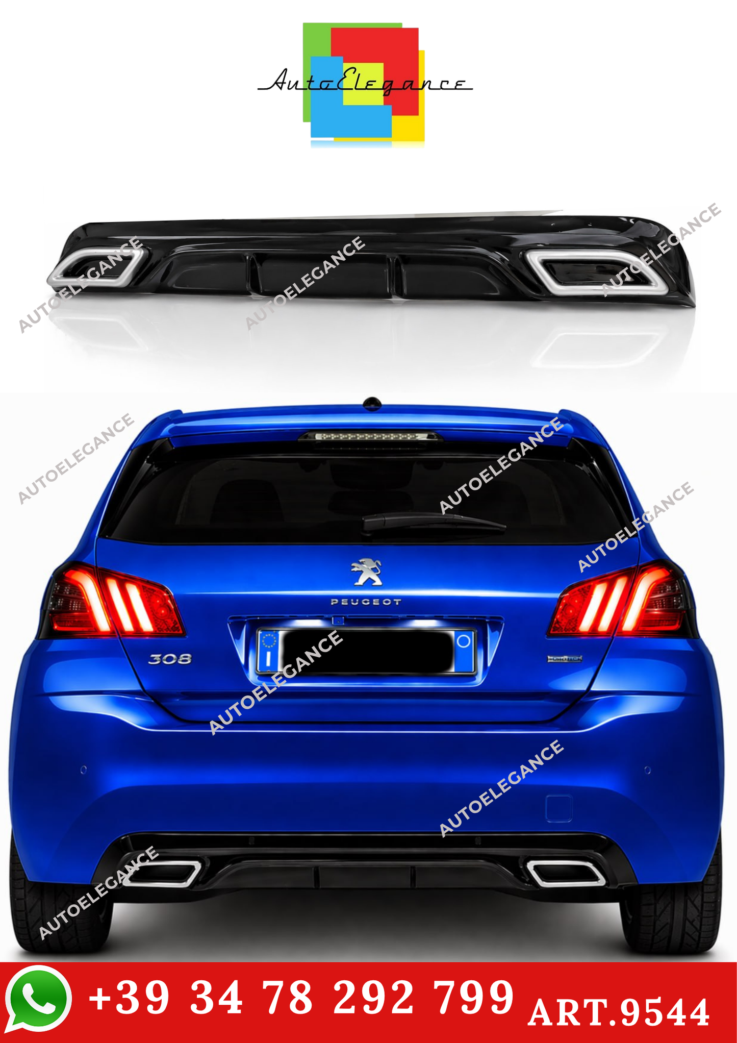 💫ART.9544 DIFFUSORE PEUGEOT 308 II 2013-2021 NERO LUCIDO TERMINALI OVALI💫
