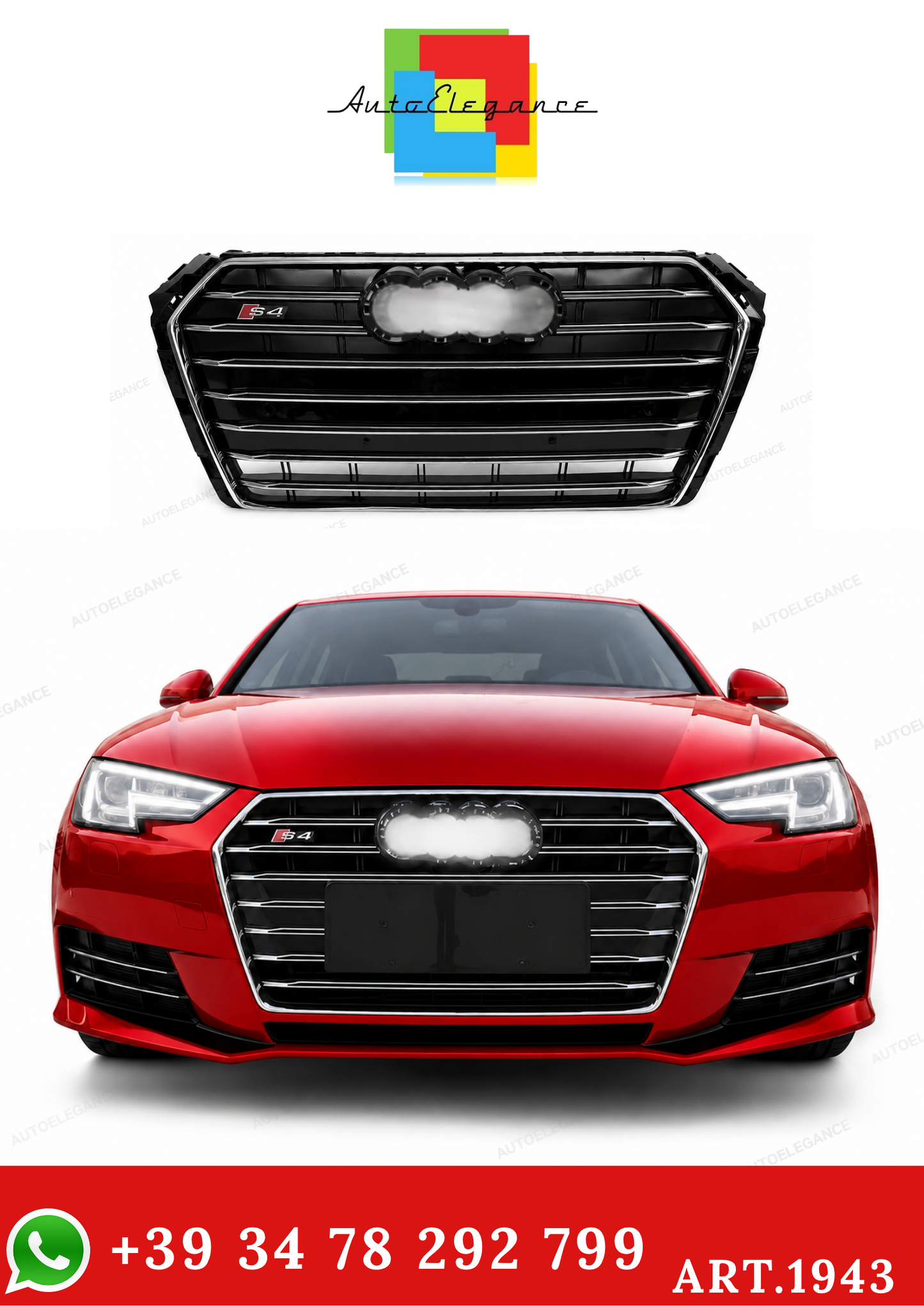 💫ART.1943 GRIGLIA PER AUDI A4 B9 2015-2019 LOOK S4 NERA PROFILI CROMATI💫