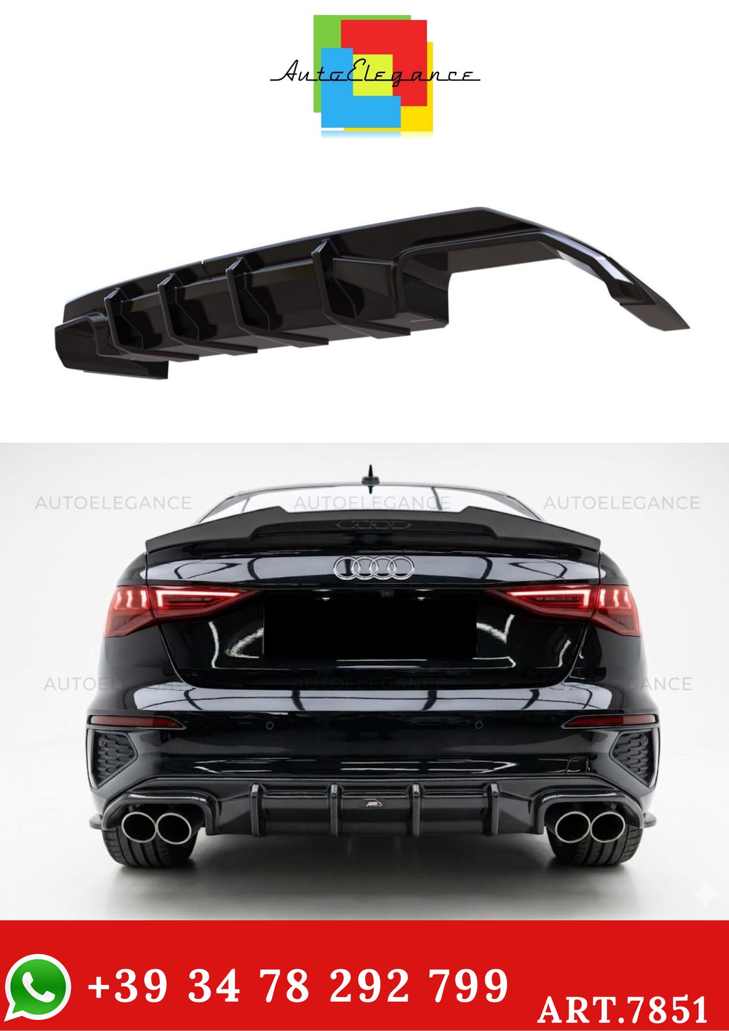 🔥ART.7851  DIFFUSORE POSTERIORE ADATTO PER AUDI A3 S-LINE 8Y FACELIFT SEDAN🔥