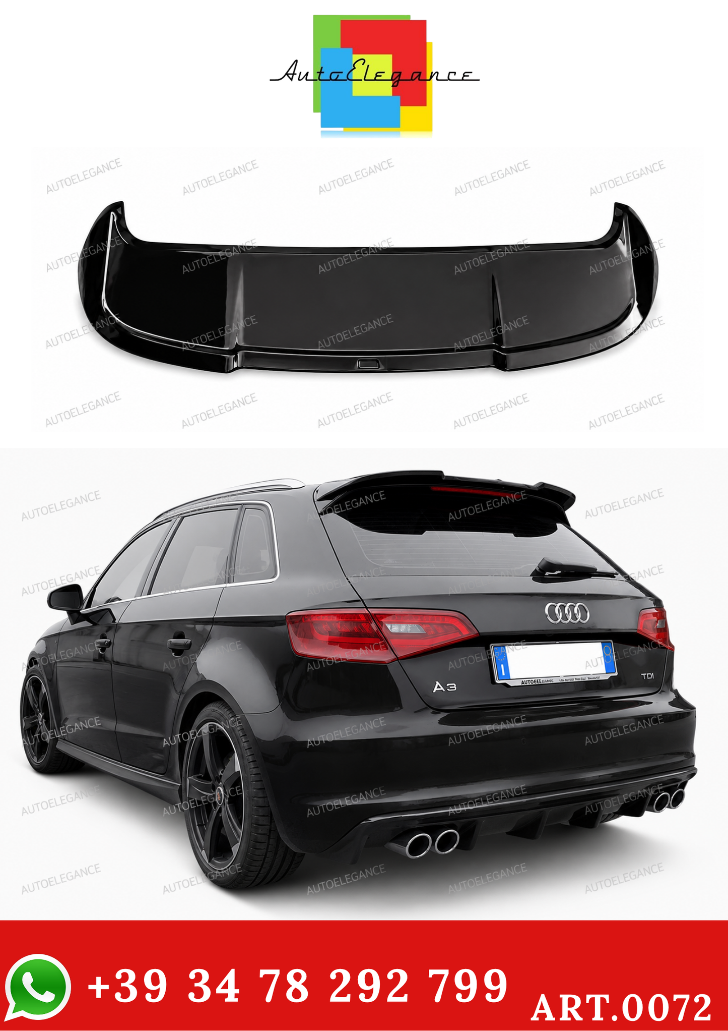 0072🔥SPOILER A3 8V 5D SPORTBACK 12-20 STANDARD LOOK RS3 NERO LUCIDO SOLO STAN🔥