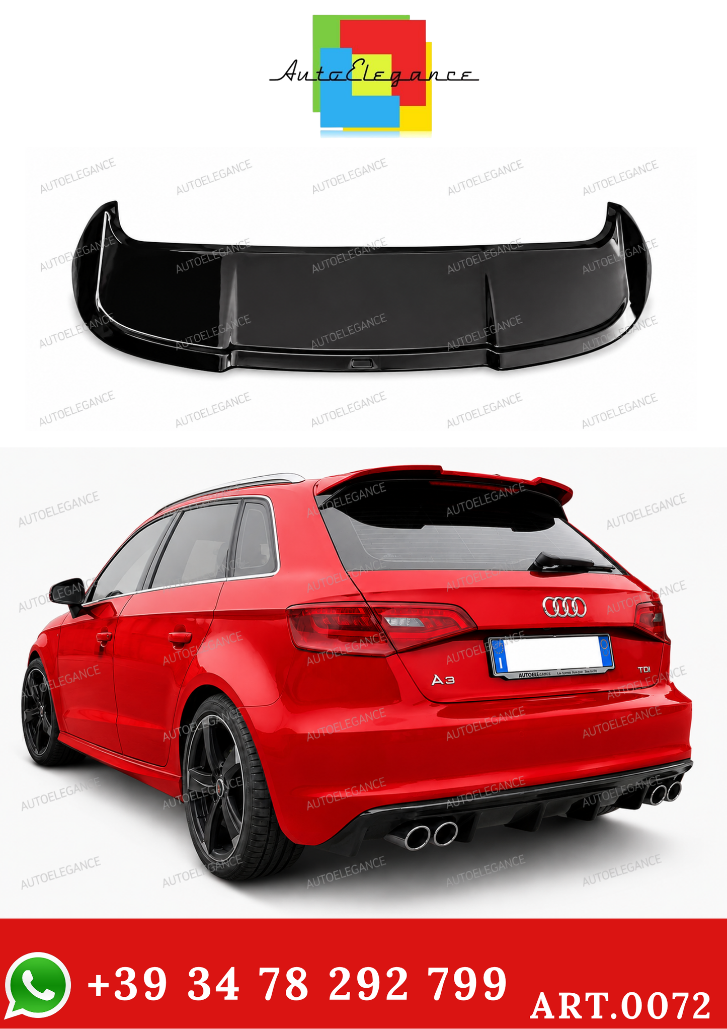 0072🔥SPOILER A3 8V 5D SPORTBACK 12-20 STANDARD LOOK RS3 NERO LUCIDO SOLO STAN🔥