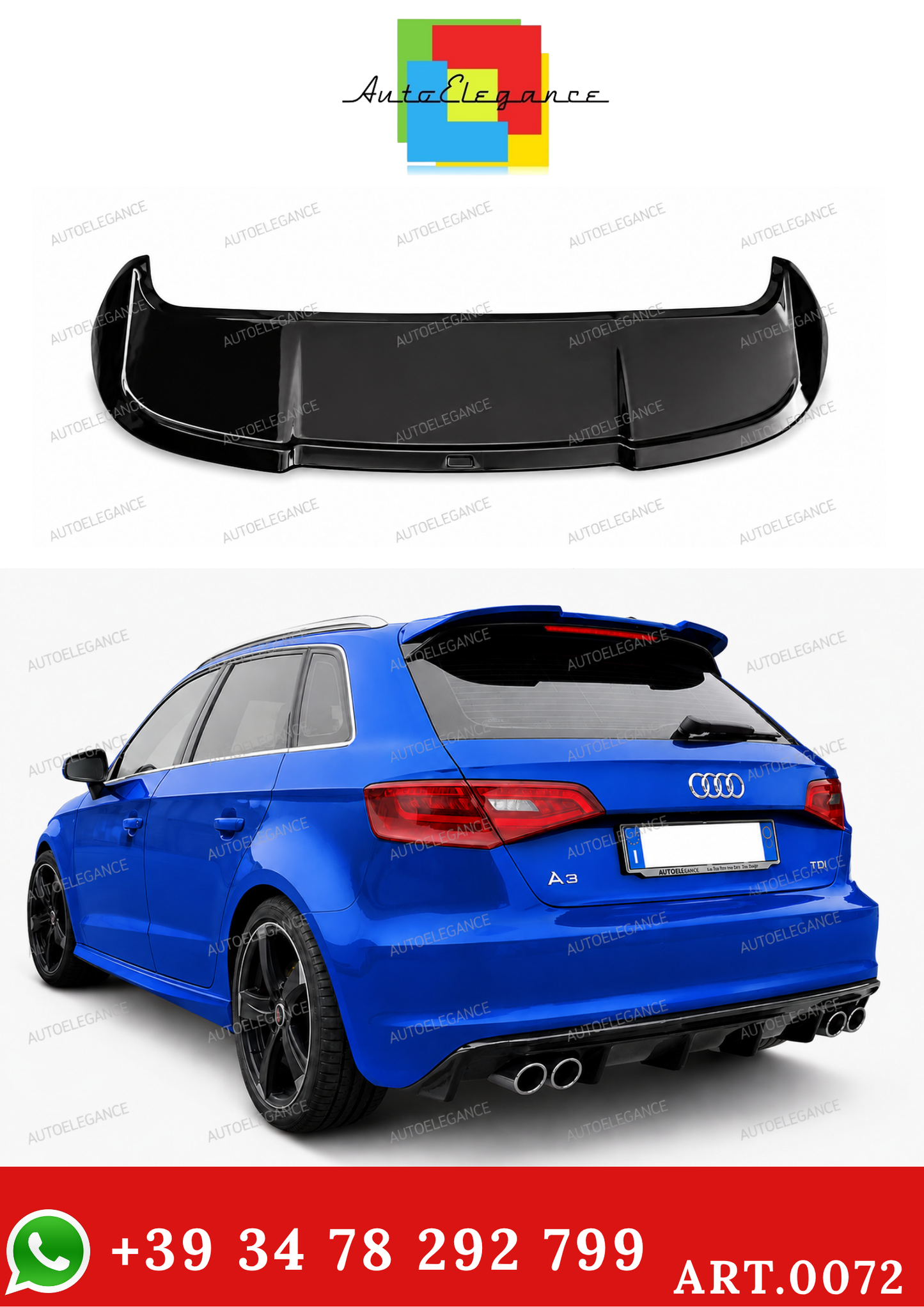 0072🔥SPOILER A3 8V 5D SPORTBACK 12-20 STANDARD LOOK RS3 NERO LUCIDO SOLO STAN🔥