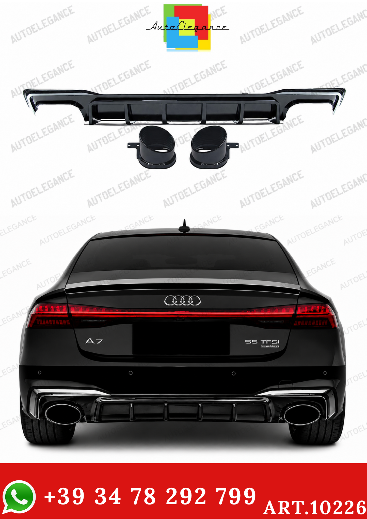💫ART.10226 DIFFUSORE + TERMINALI PER AUDI A7 18-23 LOOK RS7 NERO LUCIDO CROMATO💫