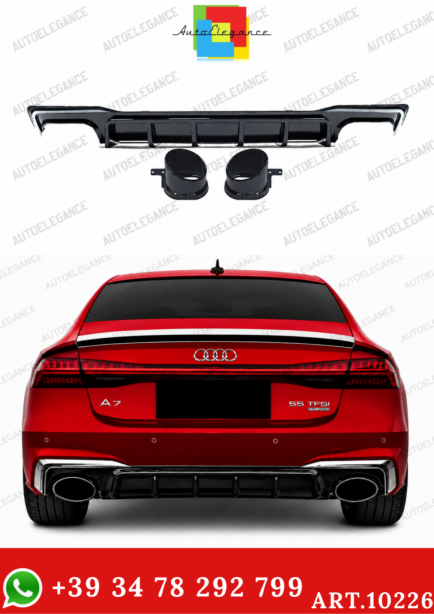 💫ART.10226 DIFFUSORE + TERMINALI PER AUDI A7 18-23 LOOK RS7 NERO LUCIDO CROMATO💫