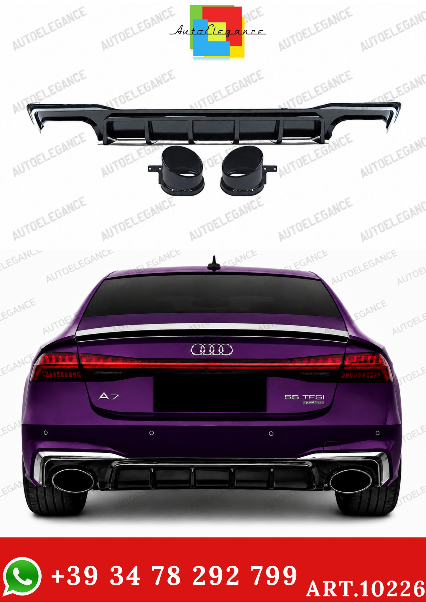 💫ART.10226 DIFFUSORE + TERMINALI PER AUDI A7 18-23 LOOK RS7 NERO LUCIDO CROMATO💫