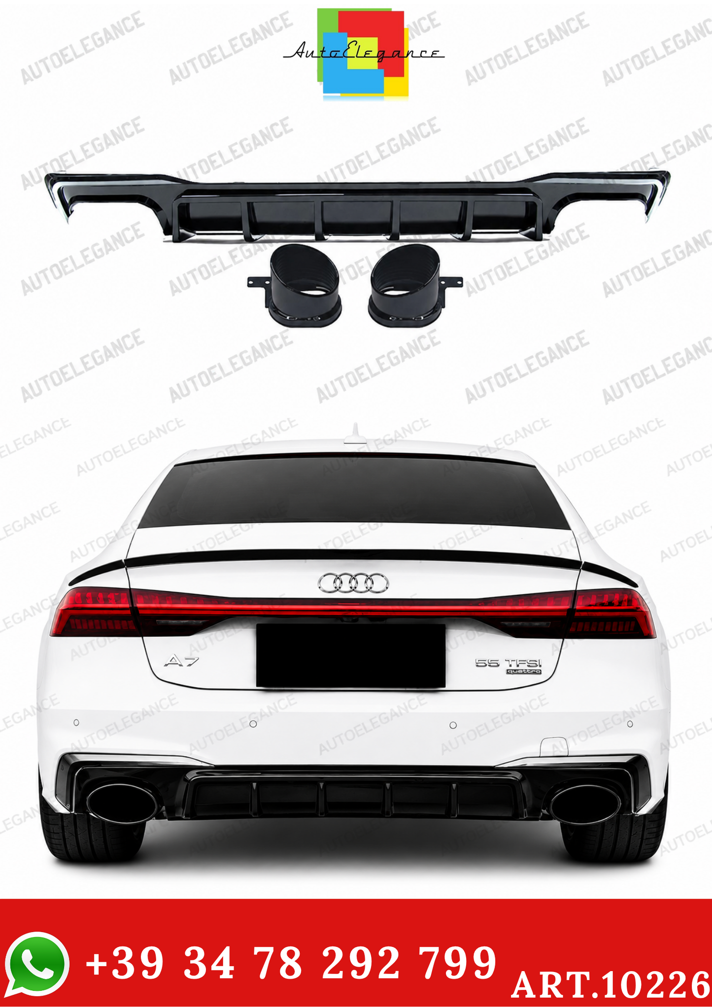 💫ART.10226 DIFFUSORE + TERMINALI PER AUDI A7 18-23 LOOK RS7 NERO LUCIDO CROMATO💫