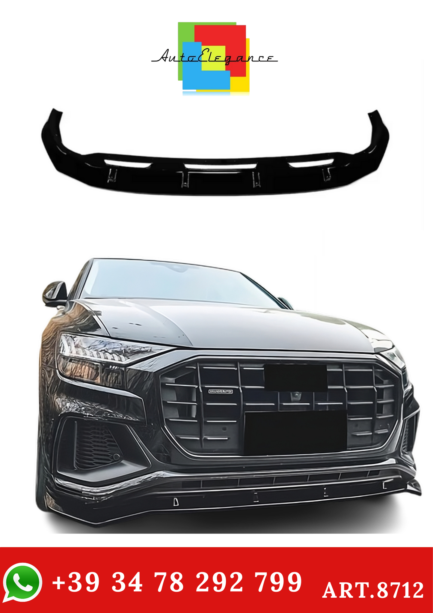 💫ART.8712 Splitter Anteriore Nero Lucido per Audi Q8 SQ8 S-Line 2018-2023💫