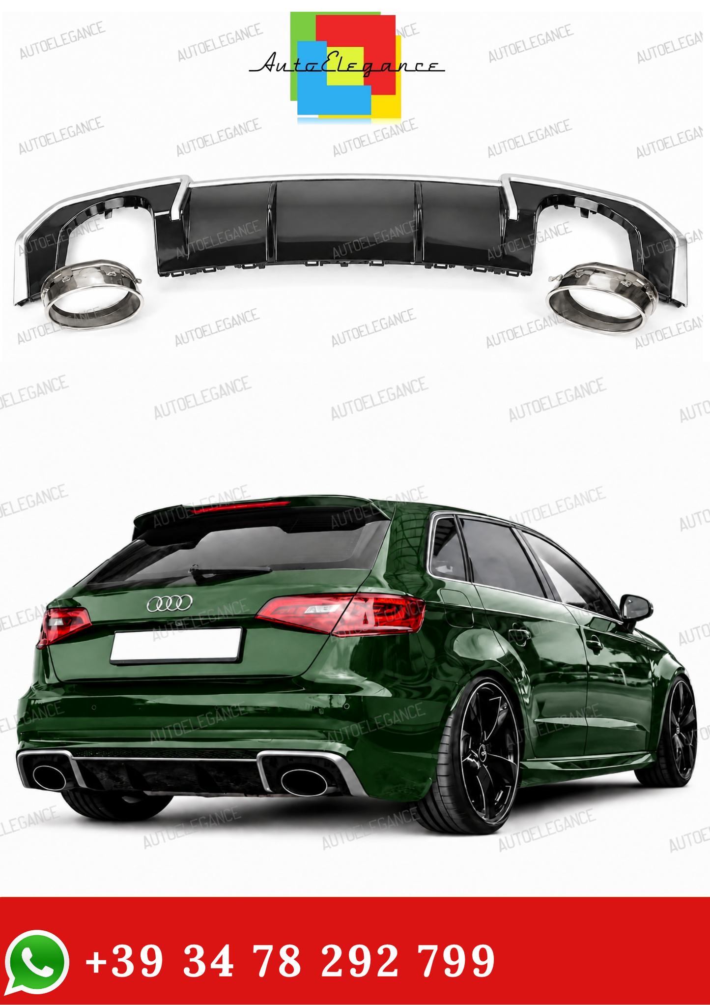 💫Diffusore Sotto Paraurti RS3 Nero Lucido per Audi A3 8V 2012-2016💫