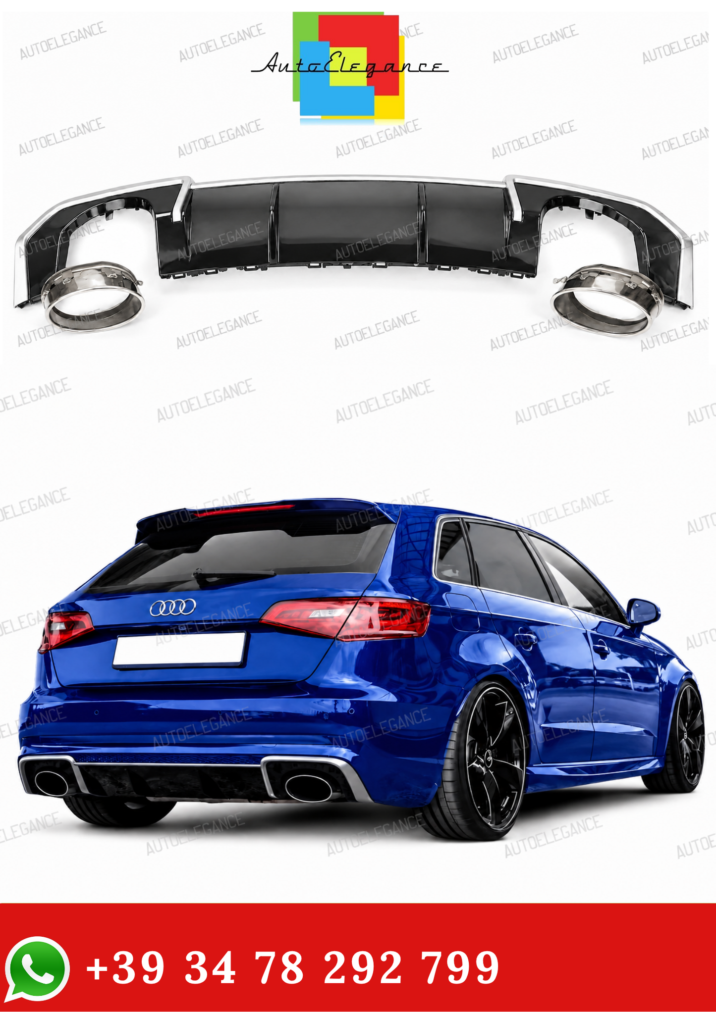 💫Diffusore Sotto Paraurti RS3 Nero Lucido per Audi A3 8V 2012-2016💫