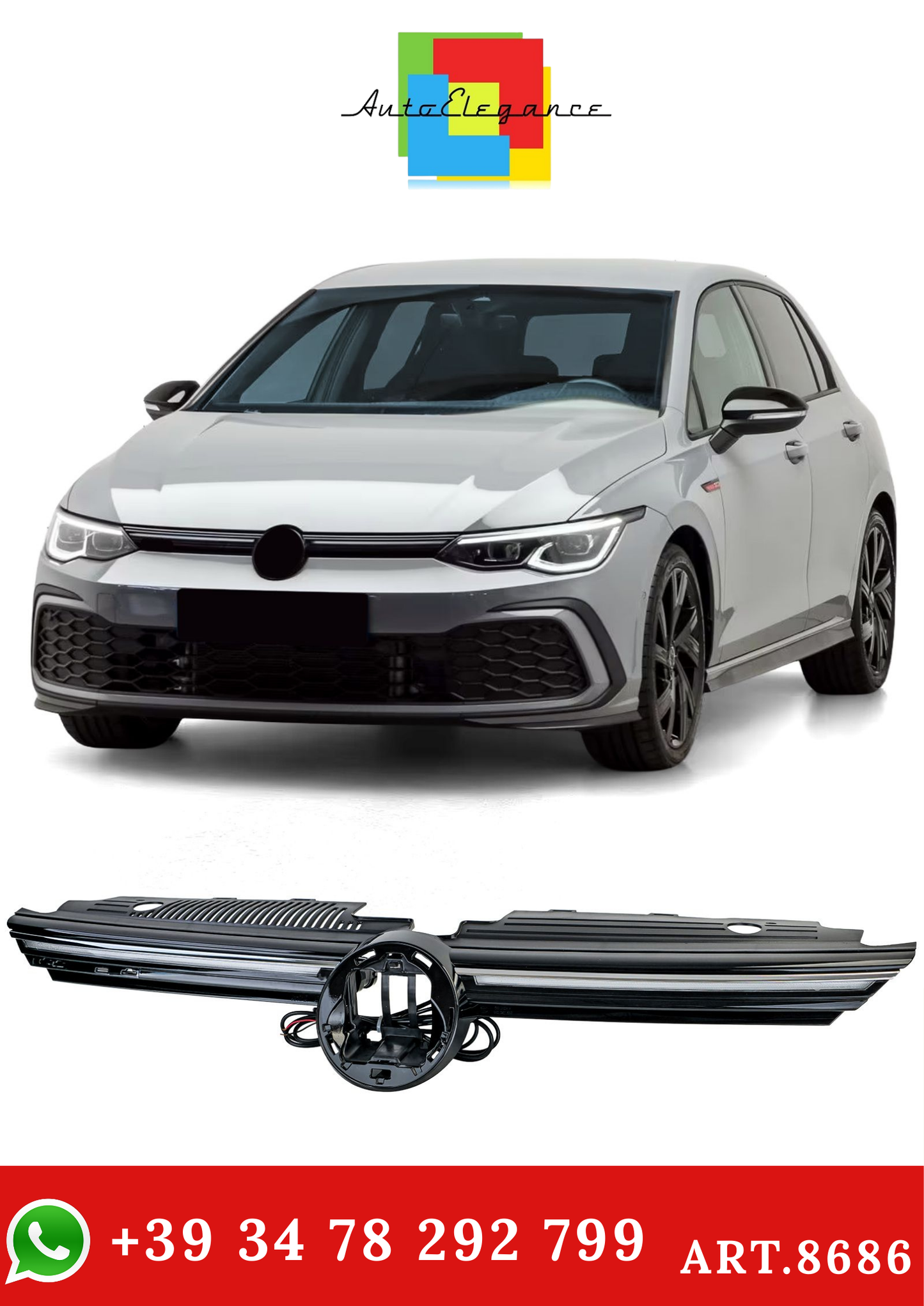 💫ART.8686 Griglia sportiva con finiture cromate e luci diurne a LED per VW Golf 8 2019+💫