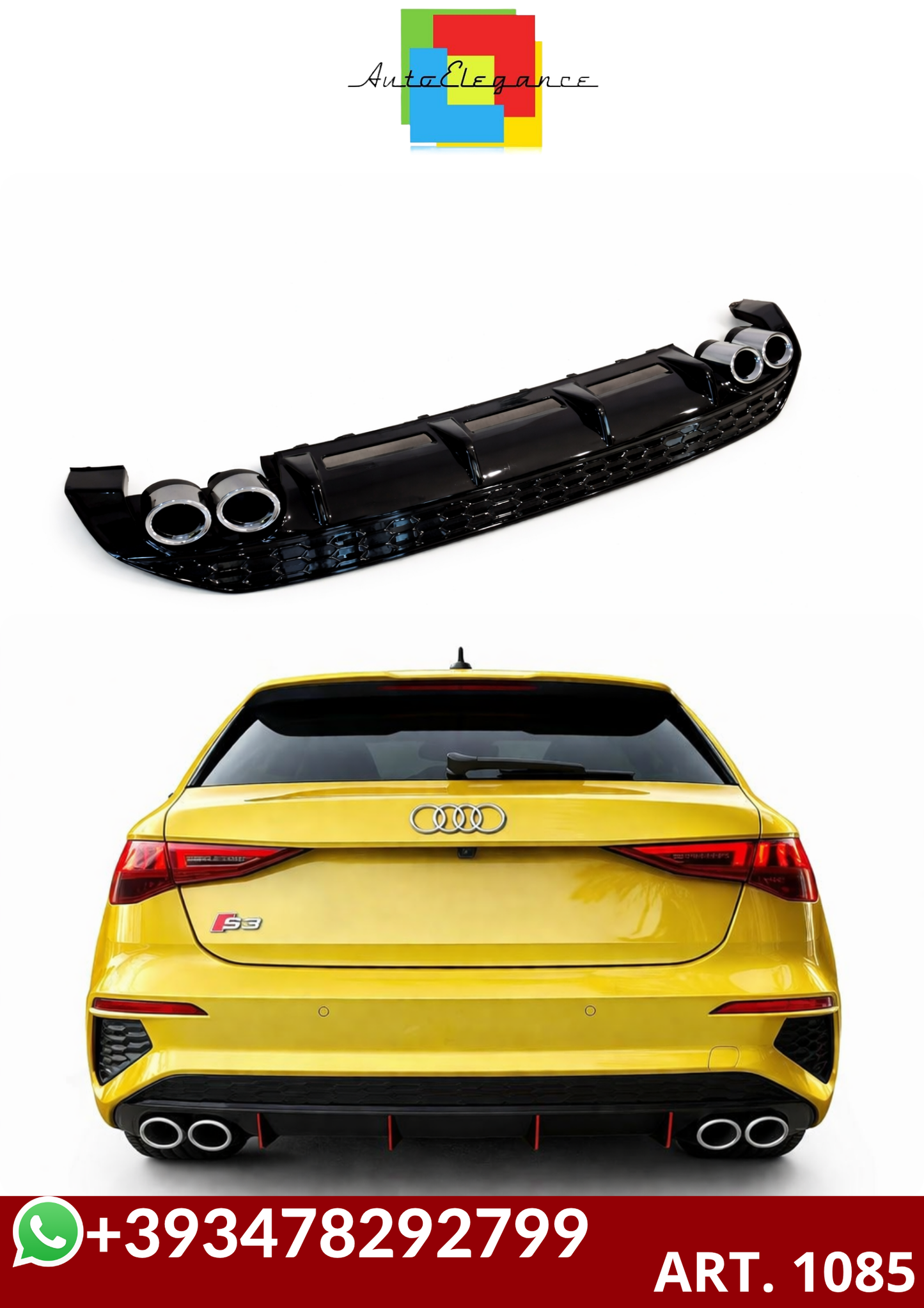 💕ART. 1085 DIFFUSORE AUDI A3 8Y 2020-2024  LOOK S3 NERO LUCIDO  💕