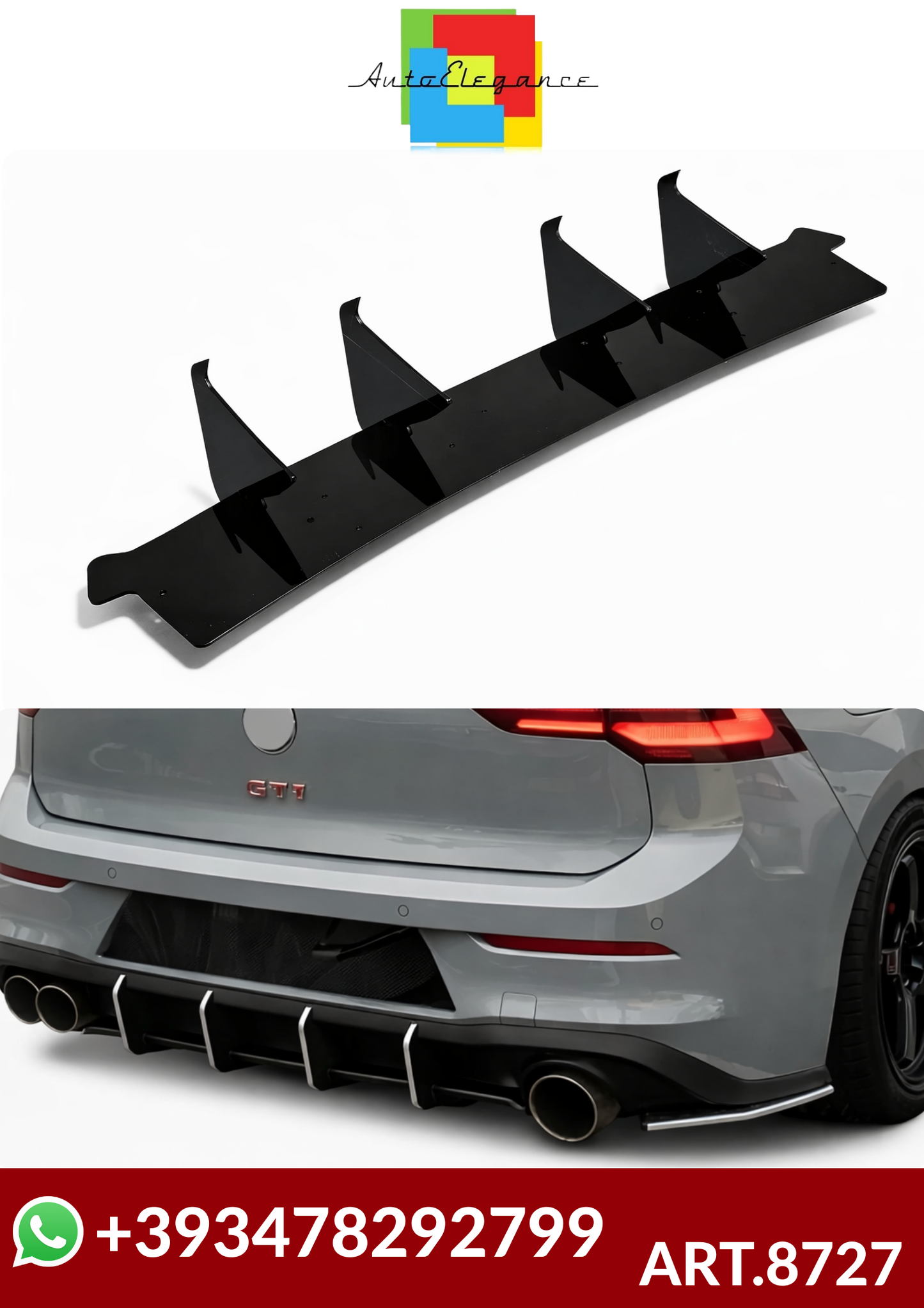 💕ART.8727  SPLITTER  POSTERIORI  VW Golf 8 MK8 GTI 2020-2024  NERO  LUCIDO💕