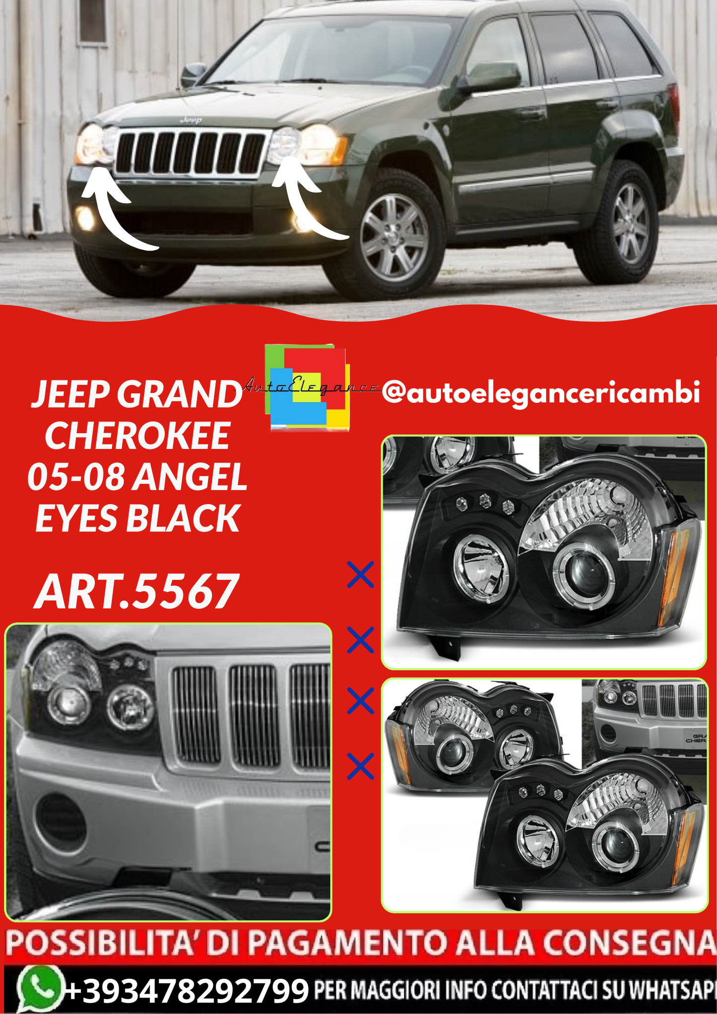 ART.5567  FARI ANTERIORI JEEP GRAND CHEROKEE 05-08 ANGEL EYES BLACK