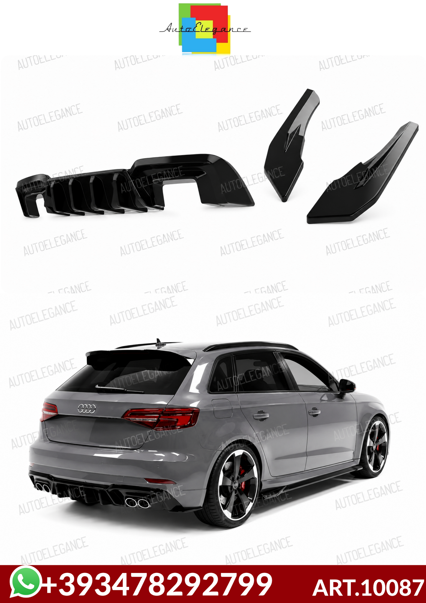 💕ART.10087 DIFFUSORE+FLAP LOOK RS3 AUDI A3 8V SLINE RESTYLING 17+NERO LUUCIDO💕