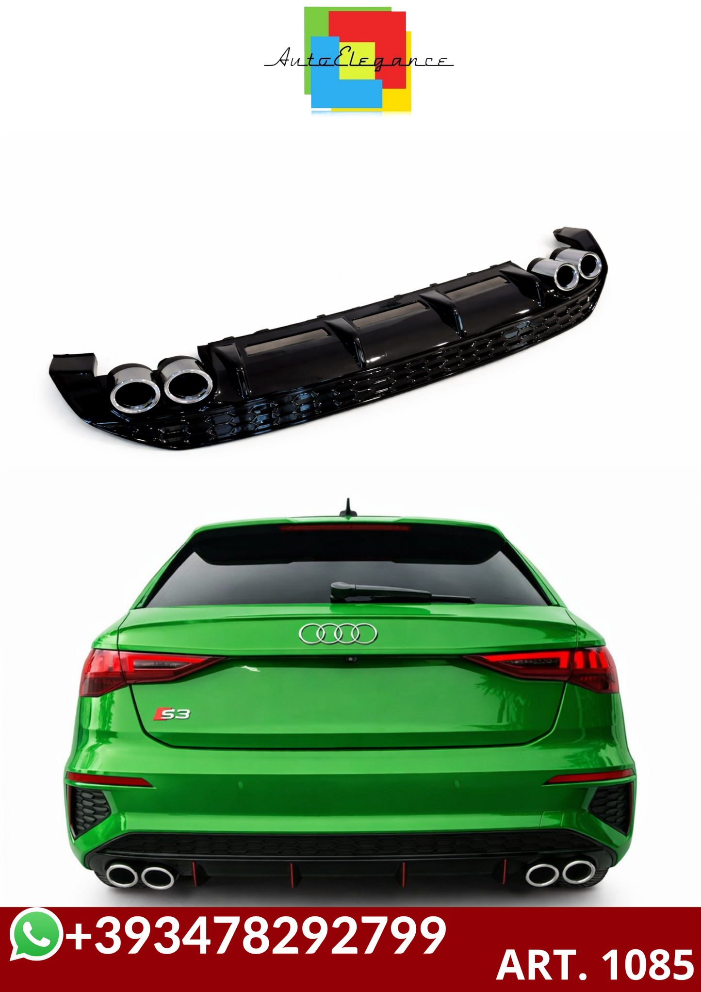 💕ART. 1085 DIFFUSORE AUDI A3 8Y 2020-2024  LOOK S3 NERO LUCIDO  💕