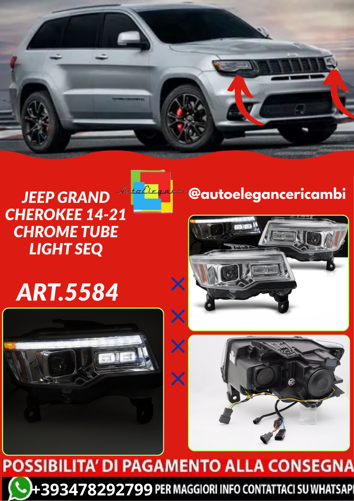 ART.5584 FARI ANTERIORI  JEEP GRAND CHEROKEE 14-21 CHROME TUBE LIGHT SEQ