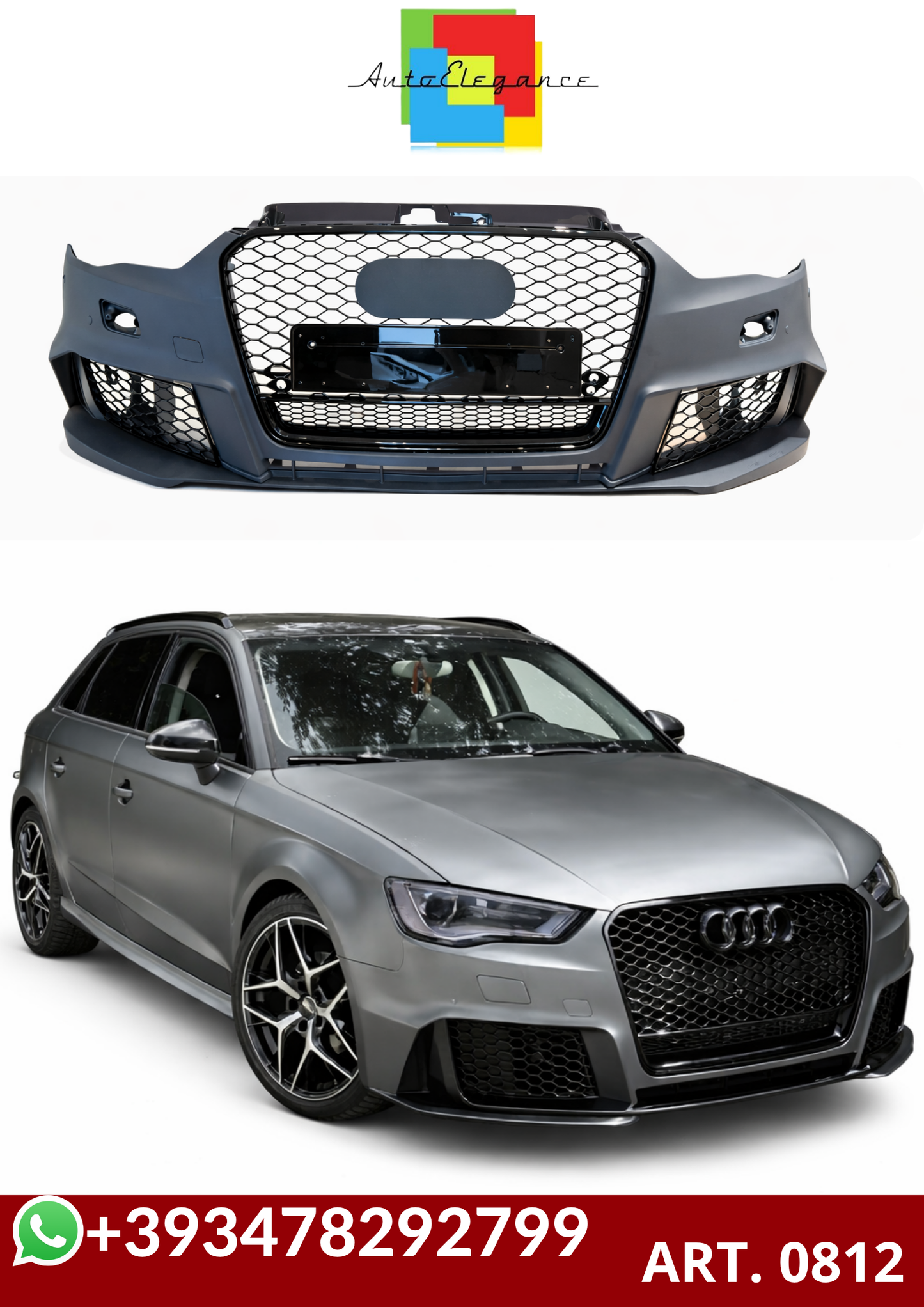 💕ART. 0812 PARAURTI ANTERIORE AUDI A3 8V 2012-2016 LOOK RS3 + GRIGLIA QUATTRO💕