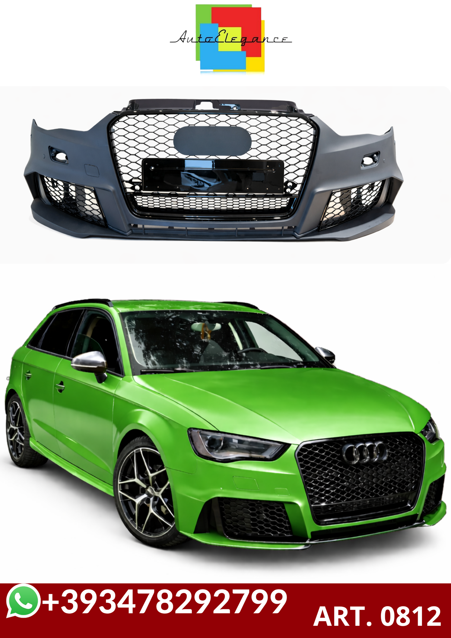💕ART. 0812 PARAURTI ANTERIORE AUDI A3 8V 2012-2016 LOOK RS3 + GRIGLIA QUATTRO💕