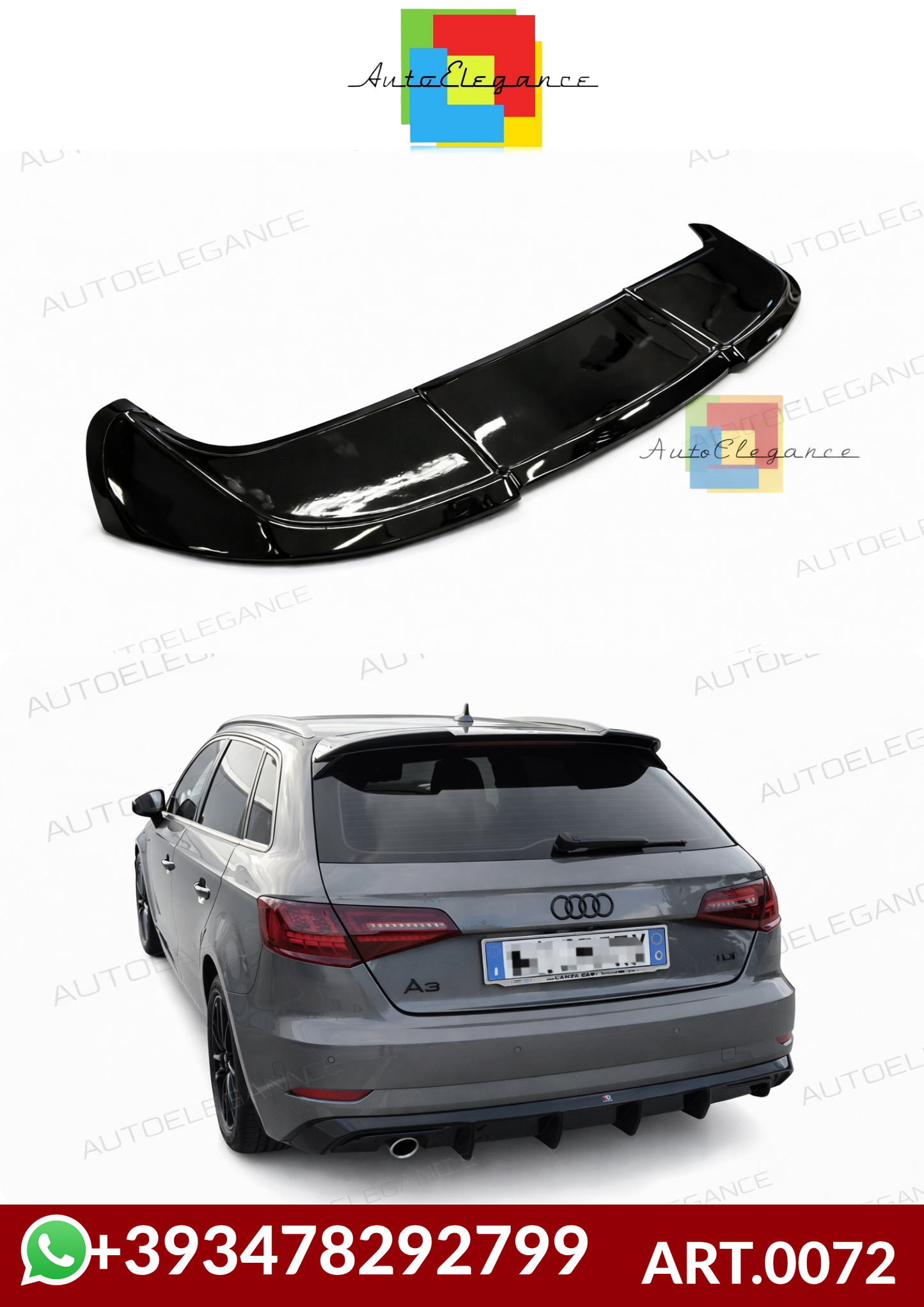 💕ART.0072 SPOILER AUDI A3 8V 5D SPORTBACK 12-20 LOOK RS3 NERO LUCIDO 💕