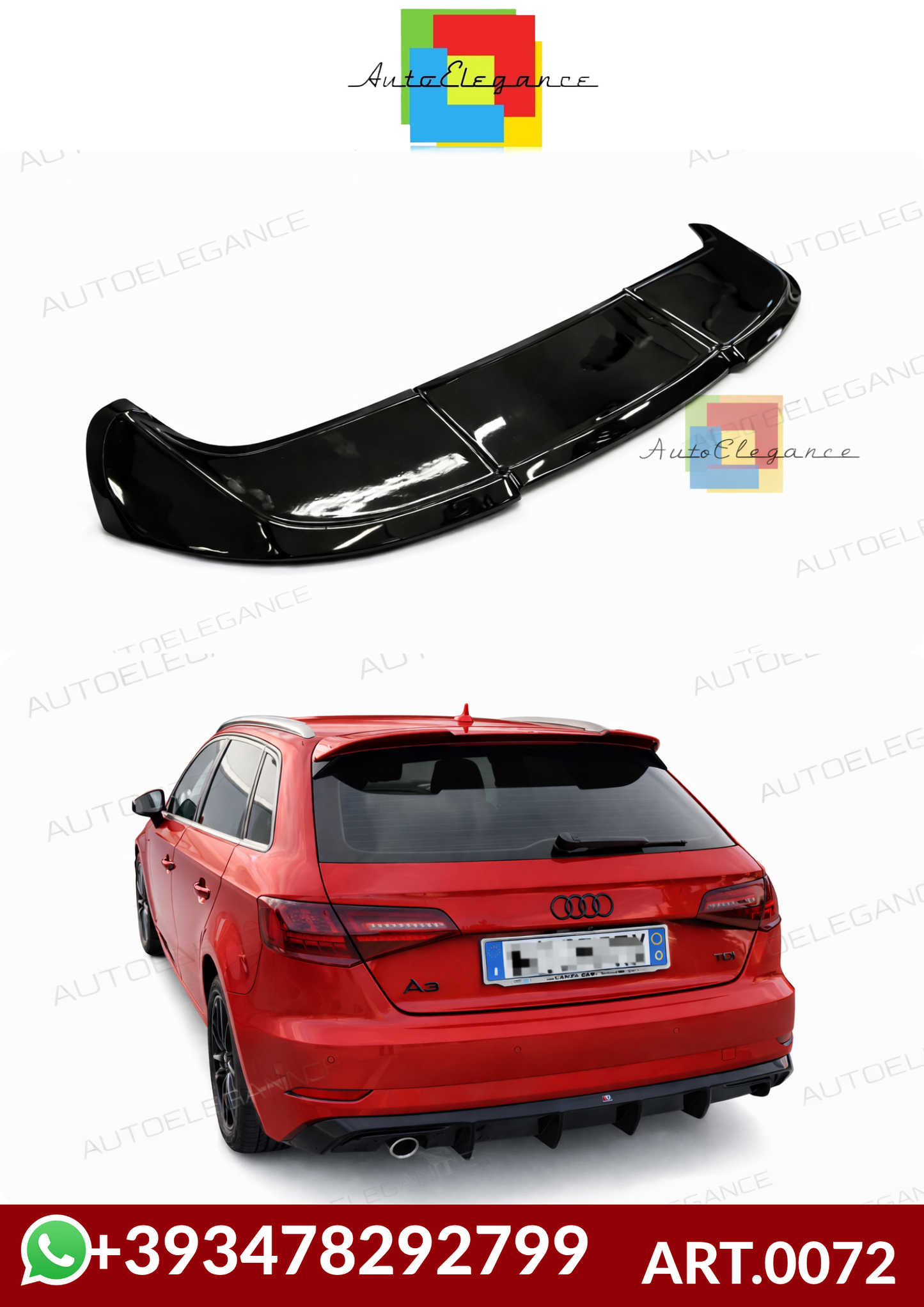 💕ART.0072 SPOILER AUDI A3 8V 5D SPORTBACK 12-20 LOOK RS3 NERO LUCIDO 💕