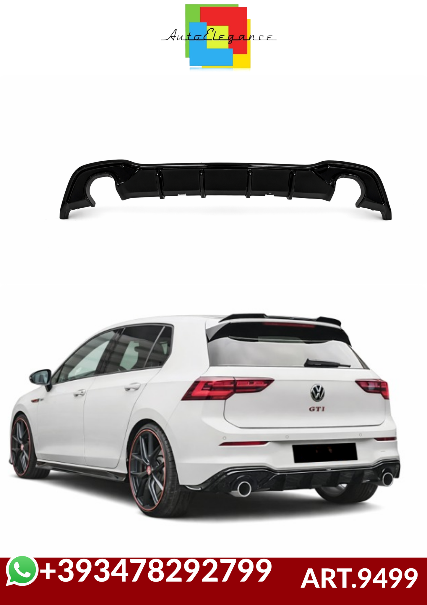 💕ART.9499 DIFFUSORE GOLF 8 8.5 LOOK GTI NERO LUCIDO 1+1 (SENZA TERMINALI)💕