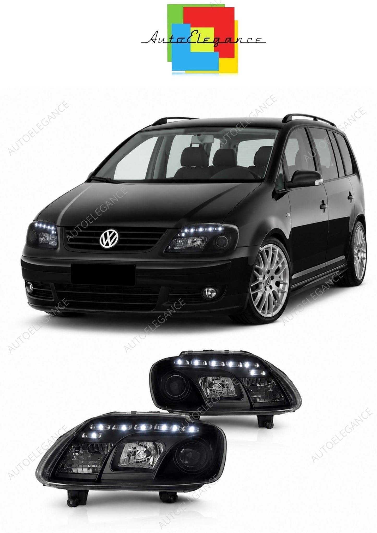 💕 Fari Anteriori Adatto per VW Touran 02-06 / Caddy 02-06 Daylight LED Neri 💕