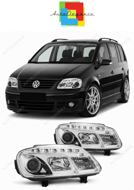 💕 Fari Anteriori Adatto per VW Touran 02-06 / Caddy 02-06 Daylight LED Cromati 💕