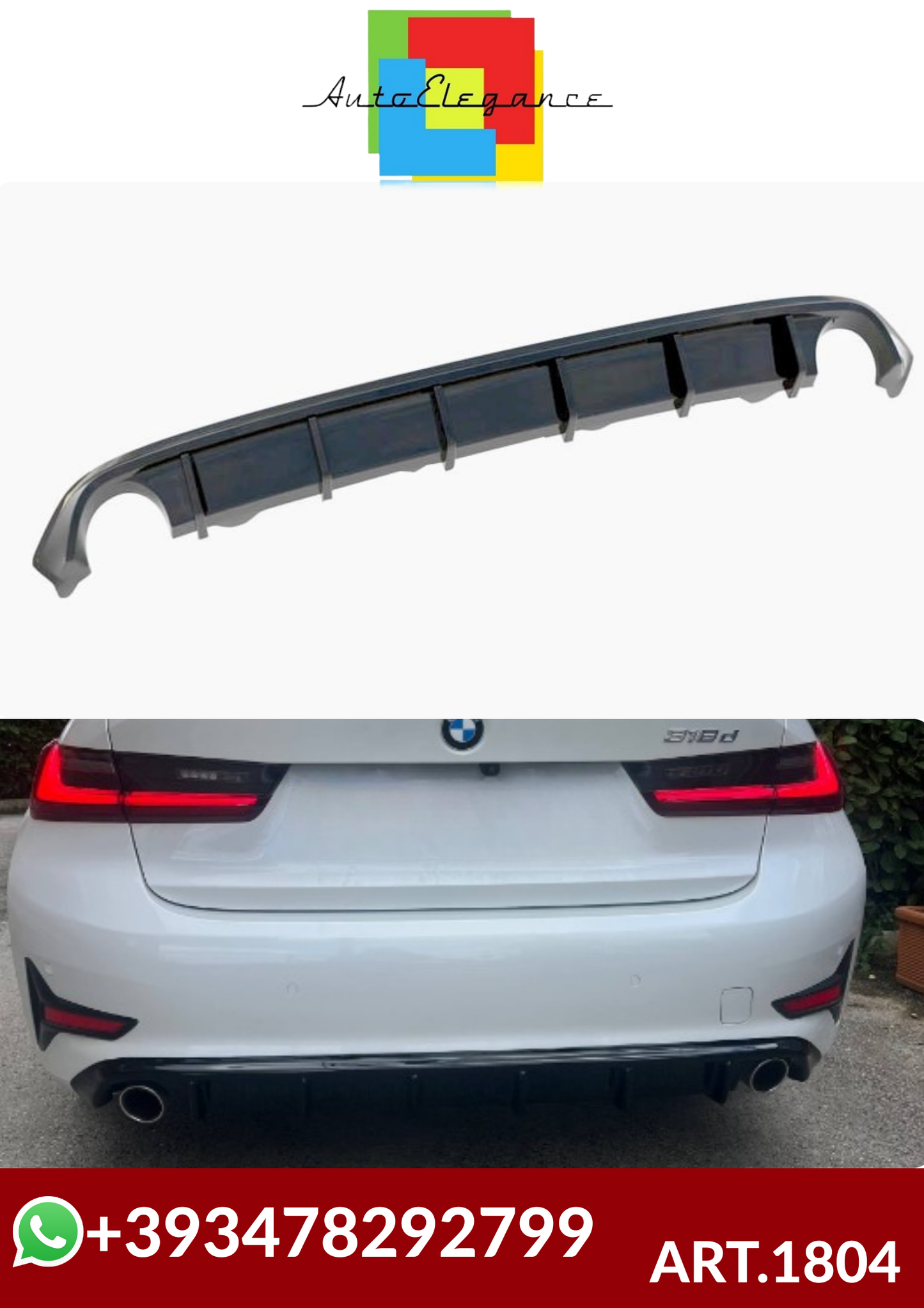 💕ART.1804  DIFFUSORE BMW SERIE 3 G20 G21 2018-2022 STANDARD NERO LUCIDO 💕