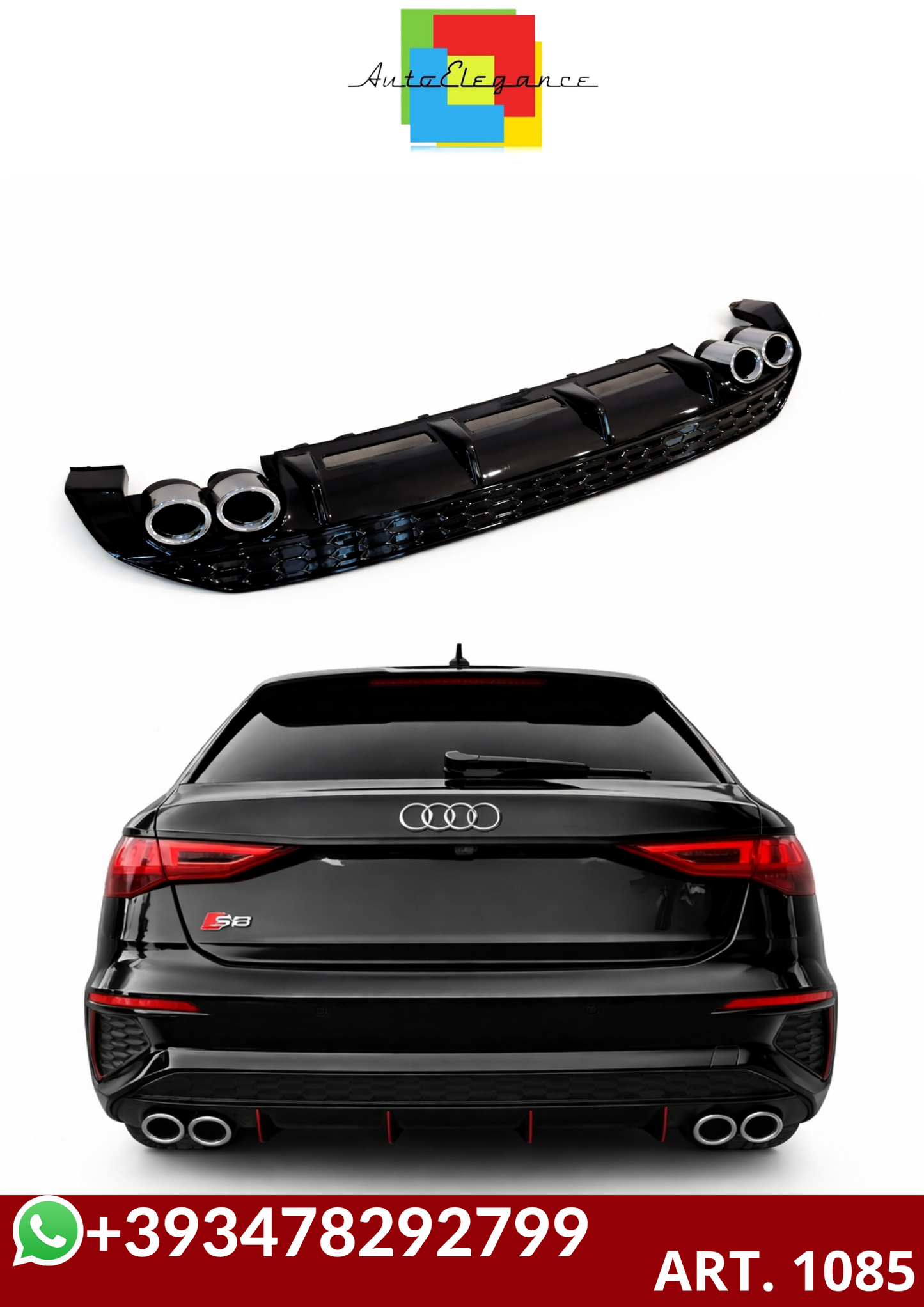 💕ART. 1085 DIFFUSORE AUDI A3 8Y 2020-2024  LOOK S3 NERO LUCIDO  💕