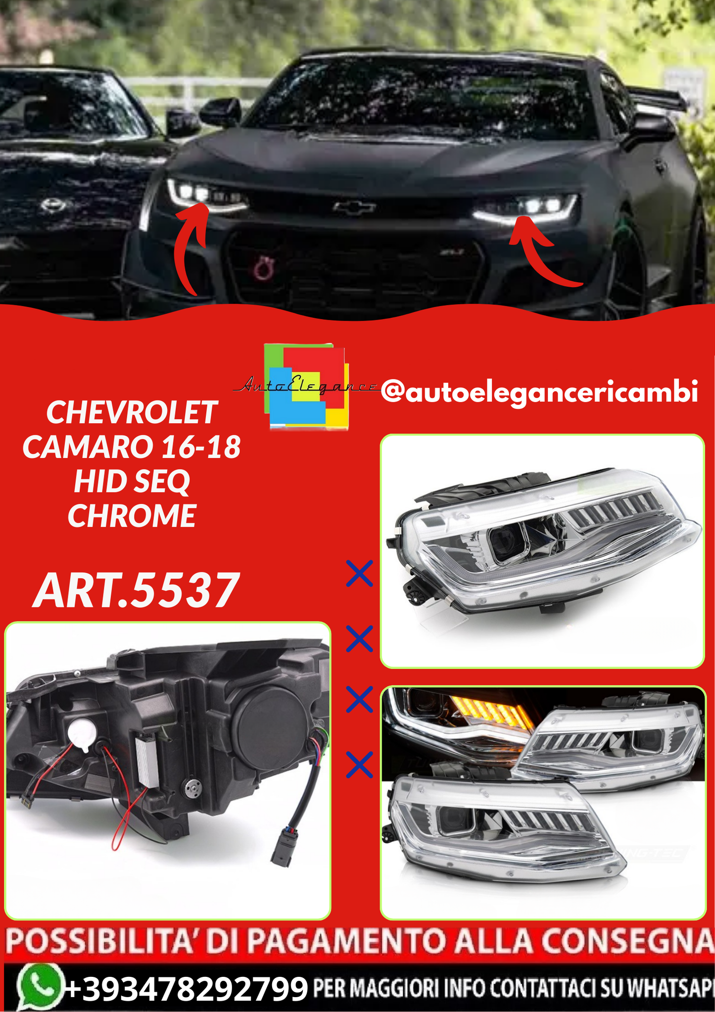 ART.5537   FARI  ANTERIORI CHEVROLET CAMARO 16-18 HID SEQ CHROME