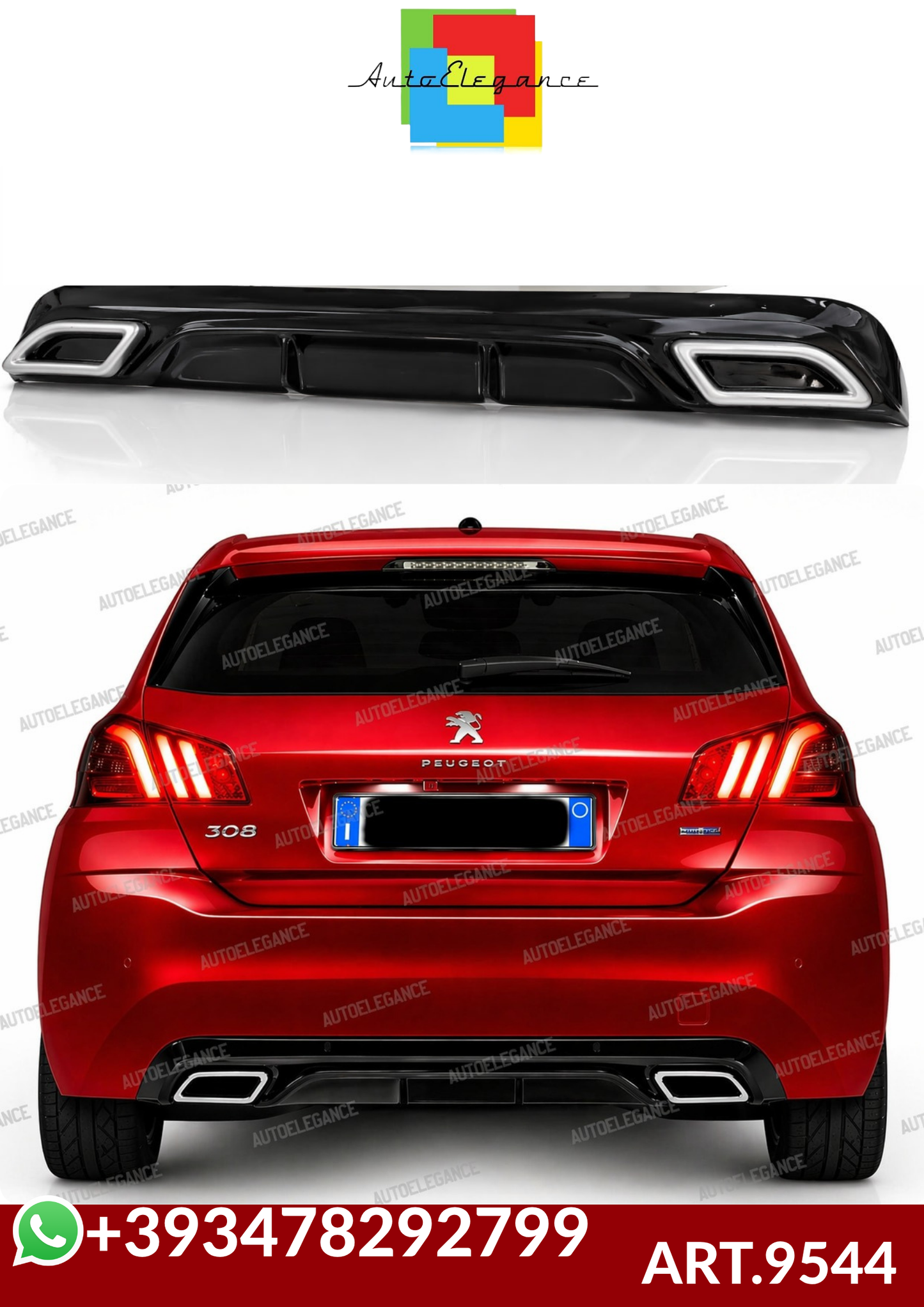 💕ART.9544 DIFFUSORE PEUGEOT 308 II 5 PORTE 13-21 LOOK  NERO LUCIDO TERMINAL💕