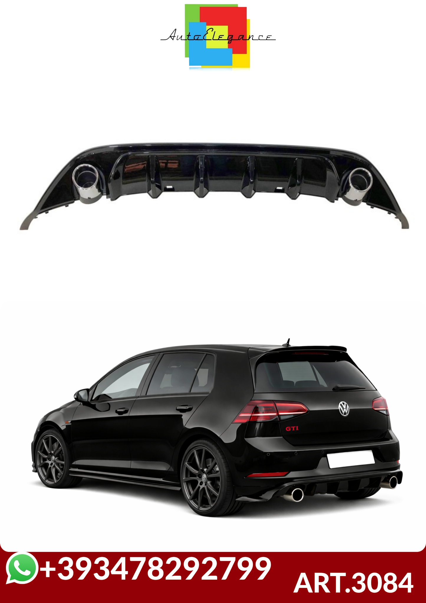 💕ART.3084 Diffusore Posteriore Volkswagen Golf 7 Look TCR Nero lucido💕