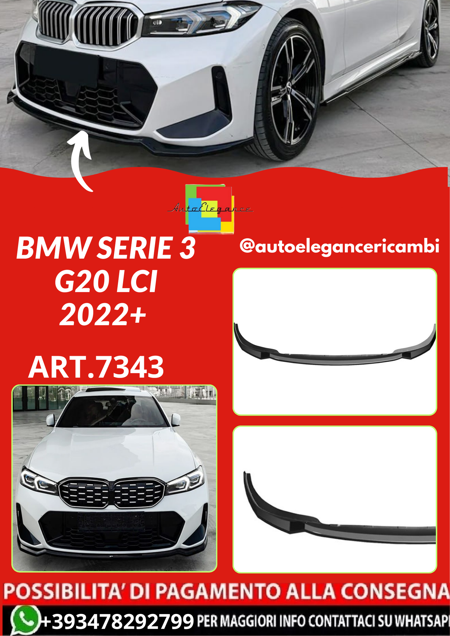 ART.7343  SPLITTER BMW SERIE 3 G20 LCI 2022+  M Pack NERO LUCIDO
