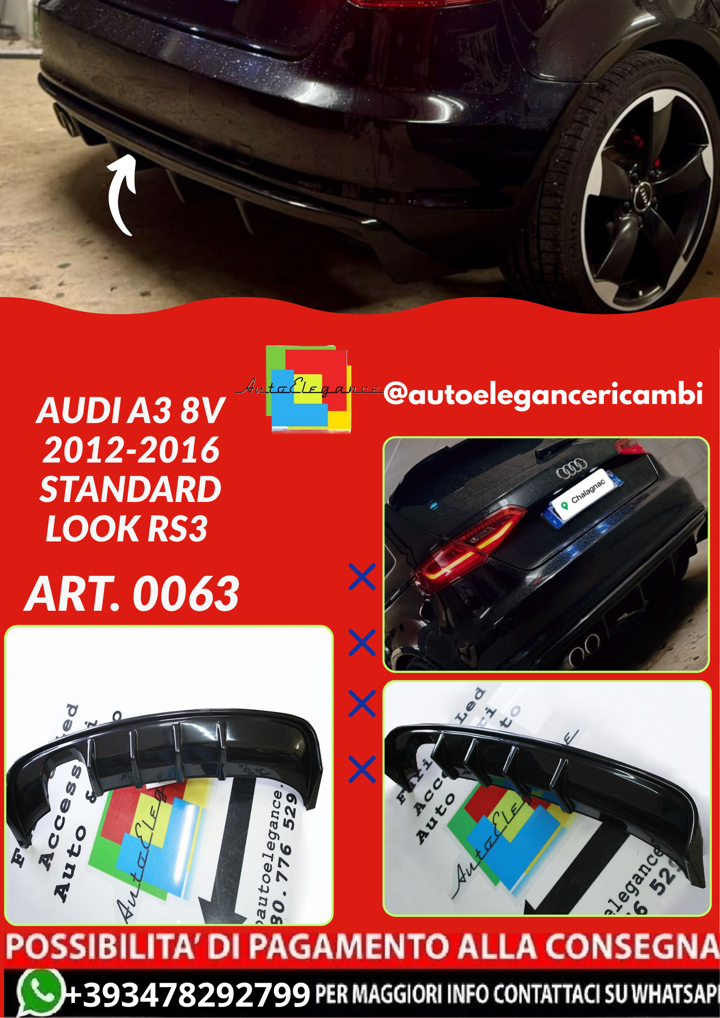ART. 0063 DIFFUSORE AUDI A3 8V 2012-2016 STANDARD LOOK RS3 NERO LUCIDO (Copia)