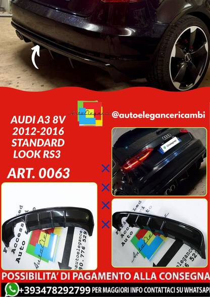 ART. 0063 DIFFUSORE AUDI A3 8V 2012-2016 STANDARD LOOK RS3 NERO LUCIDO (Copia)